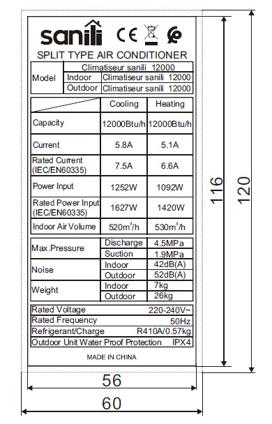 Climatiseur sanili ON/OFF 12000