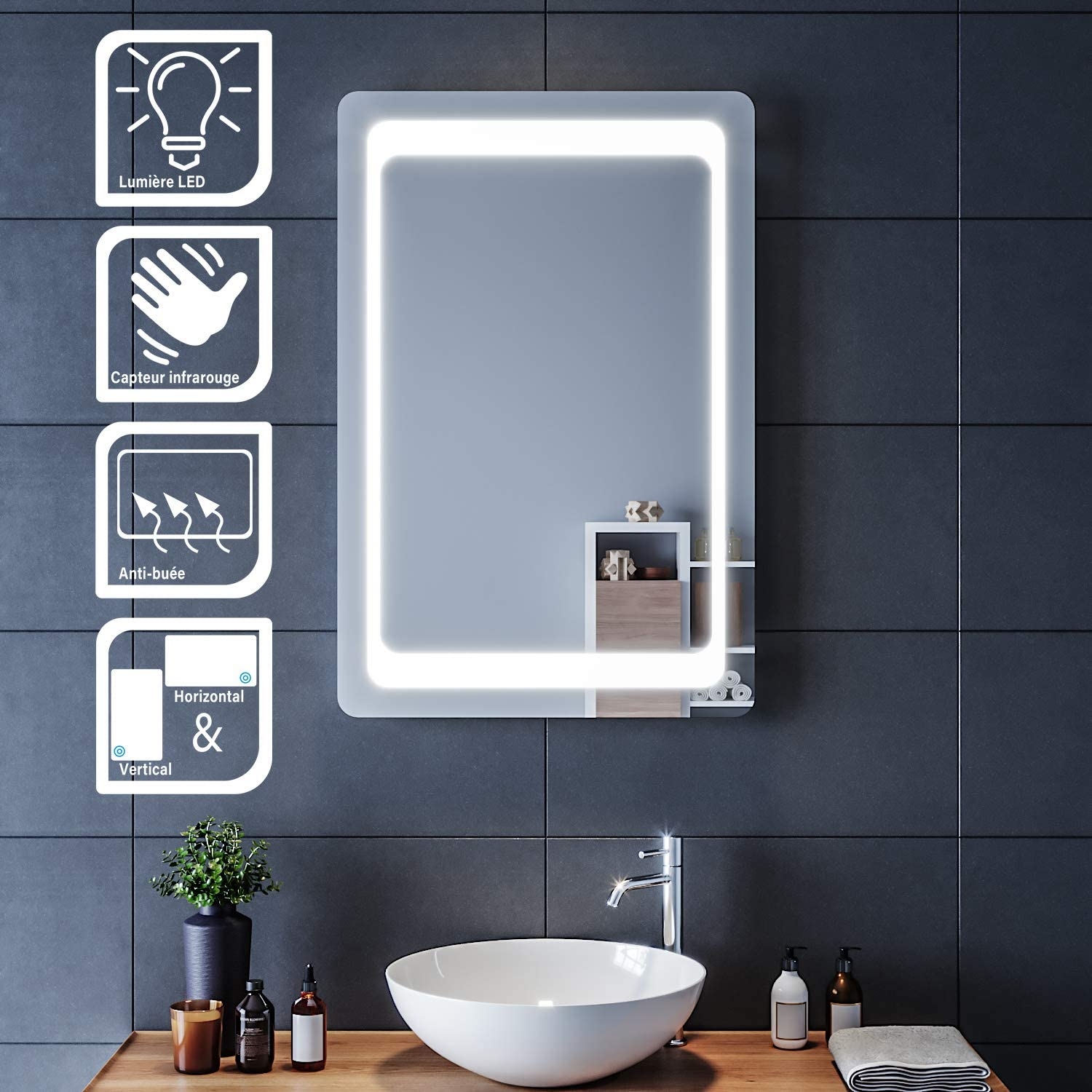 Miroir LED 80x65 Rectangulaire  lumineux avec Interrupteur